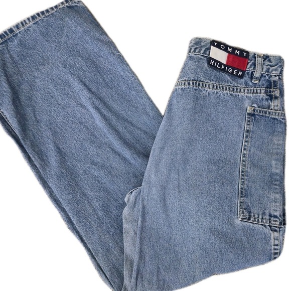 Tommy Hilfiger Denim - Vintage Tommy Hilfiger Skater Jeans Big Flag Size 9 Blue Denim Wide Leg Y2K